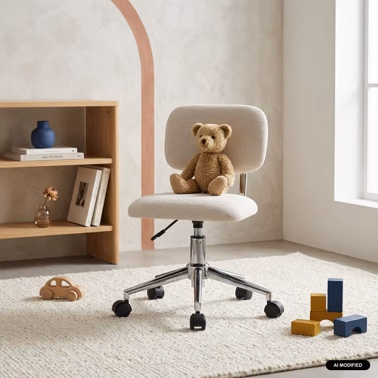 Silla de oficina infantil con ruedas Sweeek en tejido chenille beige y estructura metálica