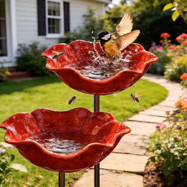 Pack de 2 Baños de Metal para Pájaros e Insectos LIIYIELA con Diseño Floral y Estaca de Jardín, Color Rojo