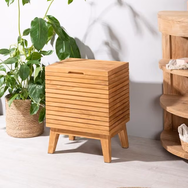 Cesto para ropa de madera de teca Wanda Collection en color beige y marrón An/P/Al: 40 x 35 x 30 cm
