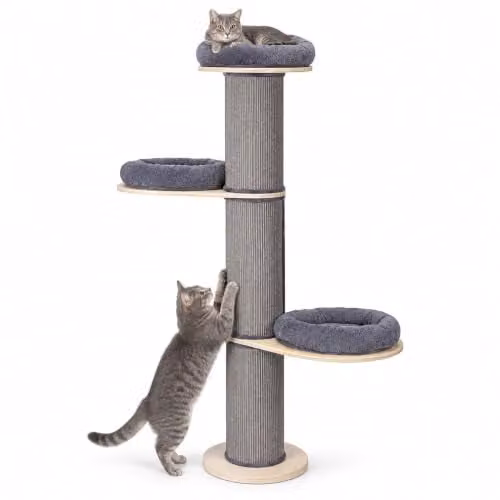 Árbol rascador para gatos tipo torre Relaxdays con 3 plataformas, cojines y postes de sisal, Al: 187 cm, An: 46 cm, Color gris