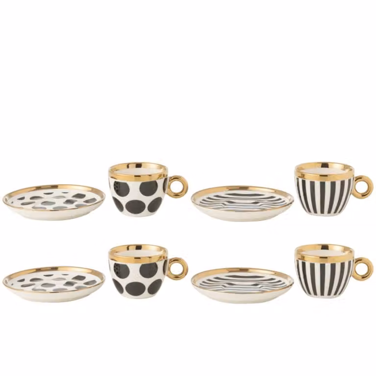 J-line Juego de café de cerámica multicolor con 4 tazas y platillos, An/P/Al: 13,6 x 13,6 x 1,8 cm