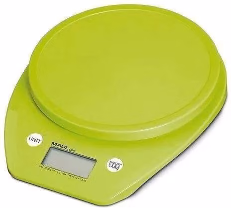 Báscula de cocina digital Maulgoal en verde claro con precisión de 1 g y capacidad de 5 kg