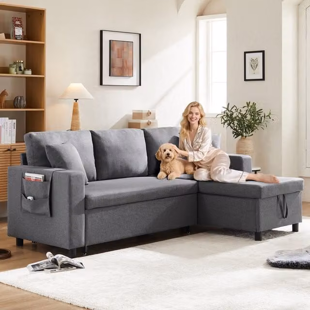 Sofá Cama en Forma de L Kellany Gris con Chaise Longue Reversible y Almacenamiento para Salón