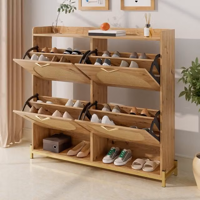 Zapatero MODENVIE de 4 puertas con estante superior y estructura metálica, color marrón, An/P/Al: 108,5 x 24 x 100 cm