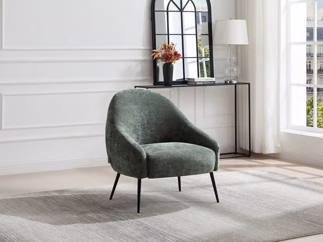 Sillón clásico de 1 plaza Vente-Unique en tela verde con estructura de metal y reposabrazos