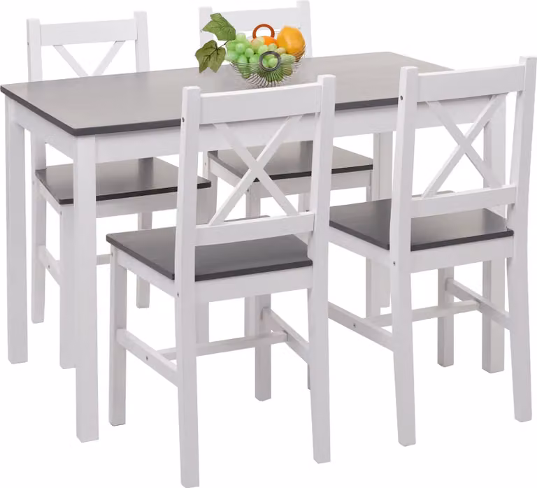 Conjunto de comedor Mendler de madera de pino con mesa rectangular y 5 sillas en estilo rústico, color blanco y gris