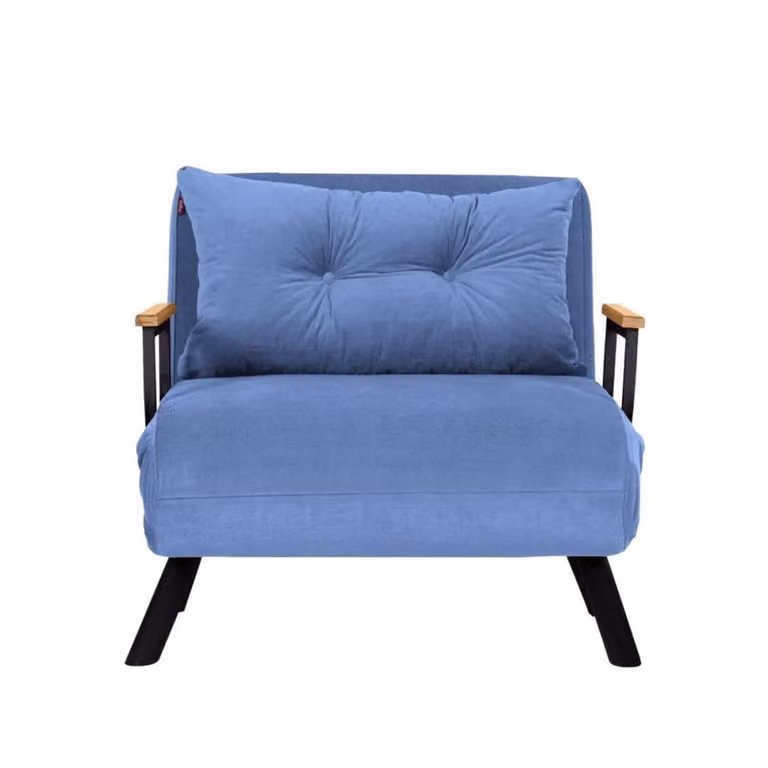 Sillón cama Calicosy azul con estructura de metal y madera de haya y reposabrazos