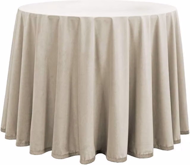 Falda de mesa camilla redonda de terciopelo color crudo de Donegal Collections con un diámetro de 60 cm
