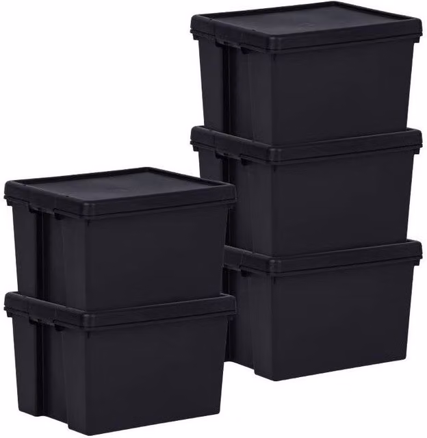 Lote de 5 cajas de almacenamiento con tapa Box and Beyond de plástico negro, 45 l, An/P/Al: 50,5 x 40 x 32 cm