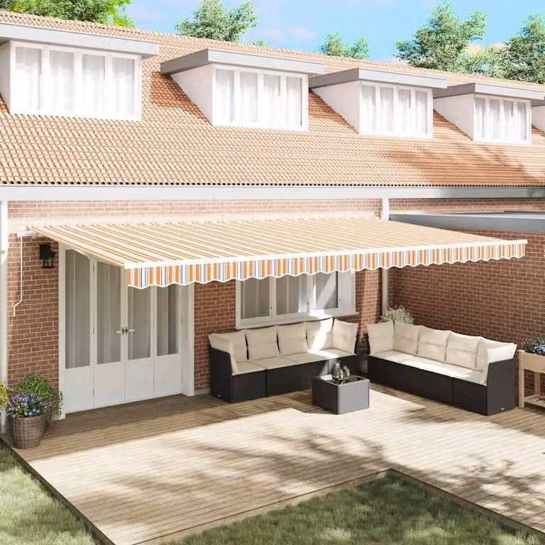 Toldo retráctil Syfax multicolor de poliéster y aluminio con brazo plegable y manivela, An: 600 cm, Al: 300 cm