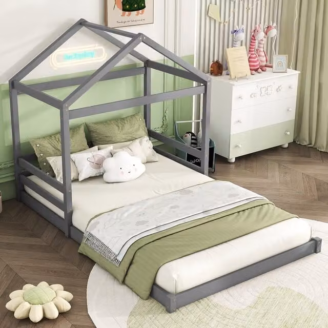 Cama Cabaña Doble MODENVIE en Pino y MDF con Somier de Lamas, Color Gris, An/P/Al: 140 x 200 x 149 cm