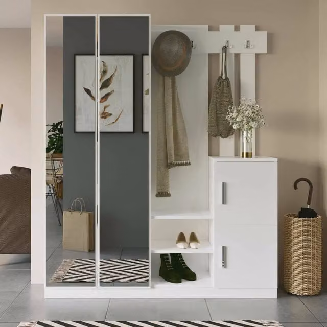 Mueble de entrada DMORA moderno con espejo y estantes en color blanco An/P/Al: 147 x 38 x 180 cm