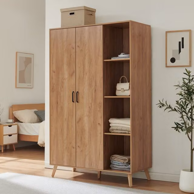 Armario Norg de 2 puertas con barra y 8 compartimentos en efecto roble de en.casa Al x An x P: 191 x 120 x 52 cm