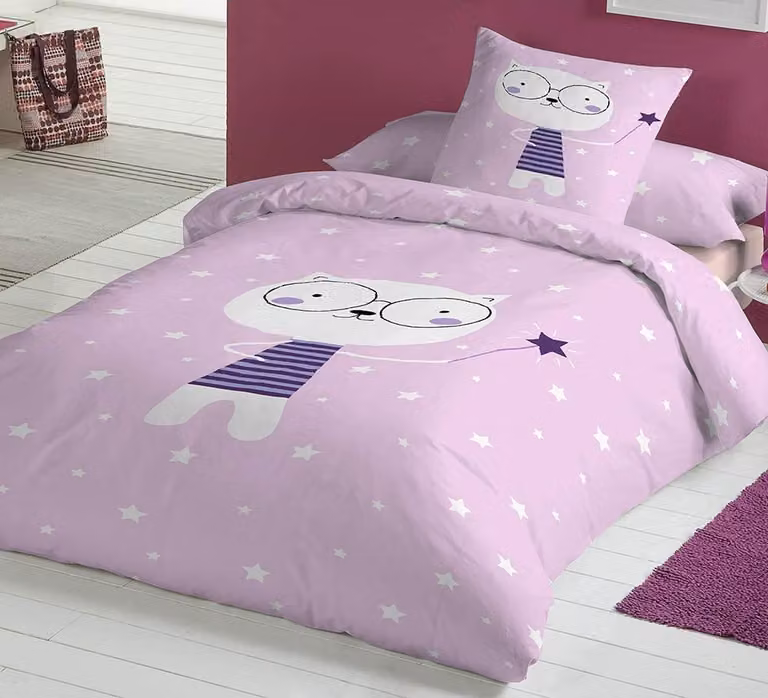 Juego de funda nórdica y funda de almohada infantil Cotton Artean con diseño de animales, reversible, rosa y morado, de algodón, An/P/Al: 150 x 260 cm para cama de 90x200 cm