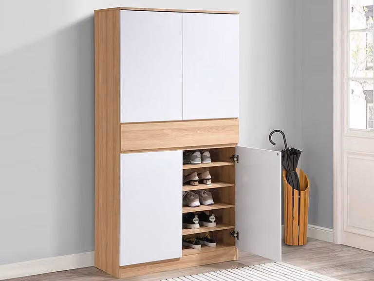Mueble zapatero moderno COVIANA con puertas y cajones en blanco y beige, An/P/Al: 88 x 40 x 191 cm