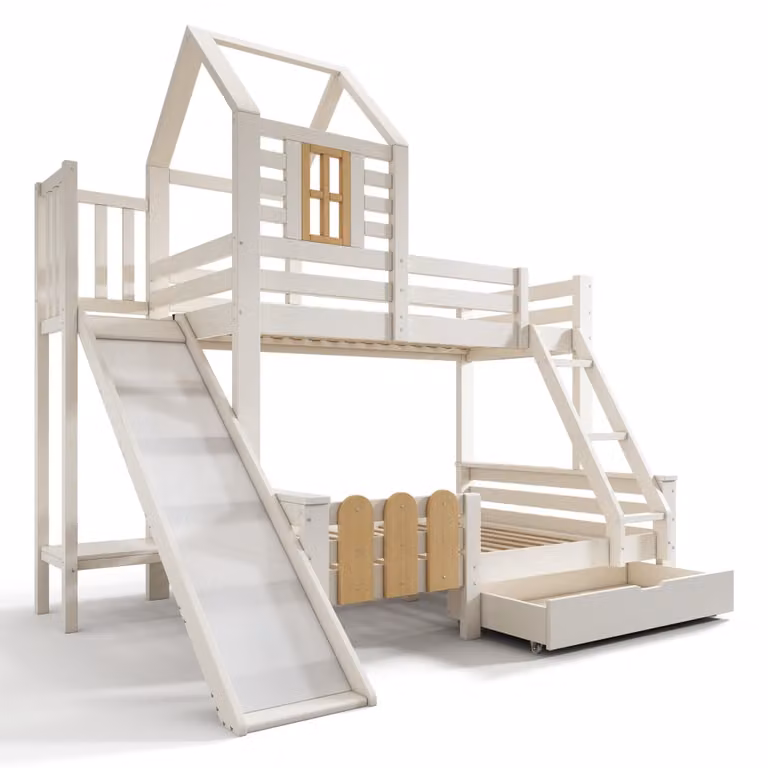 Litera infantil OKWISH de madera y metal con diseño de cabaña, tobogán, escalera y cajones, color blanco y beige, An/P/Al: 246 x 150 x 186 cm y 230 x 140 x 186 cm