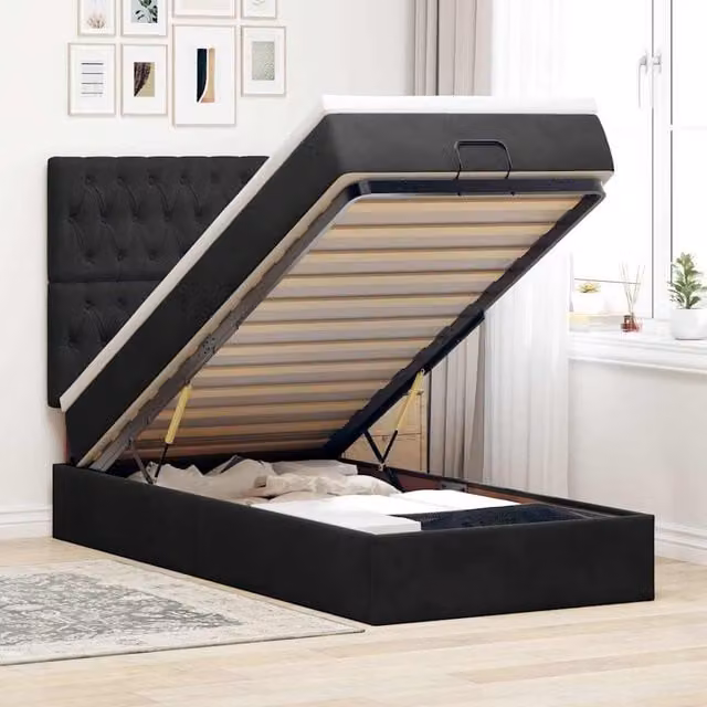 Estructura de cama otomana con almacenaje Maison Exclusive en terciopelo negro An/P/Al: 100 x 200 x 128 cm