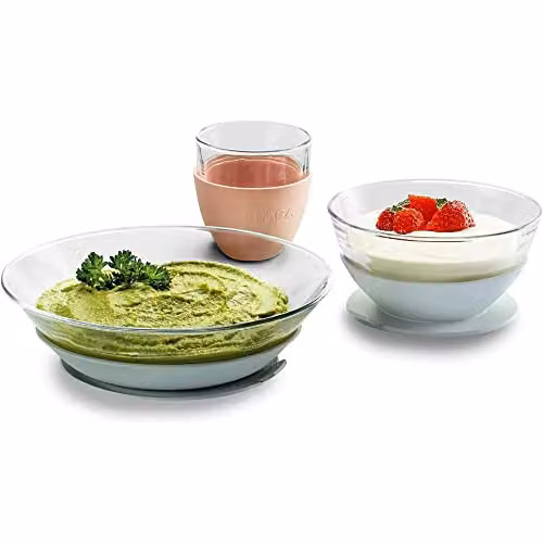 Set de comida infantil Béaba de vidrio y silicona multicolor con plato, bol con ventosa y vaso