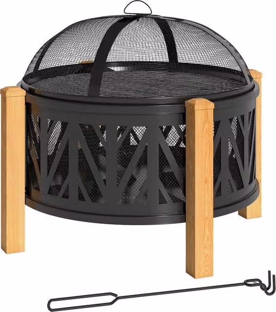 Chimenea 2 en 1 Outsunny con protector contra chispas y pincho para brasas en color negro, Diámetro: 75 cm, Altura: 58 cm
