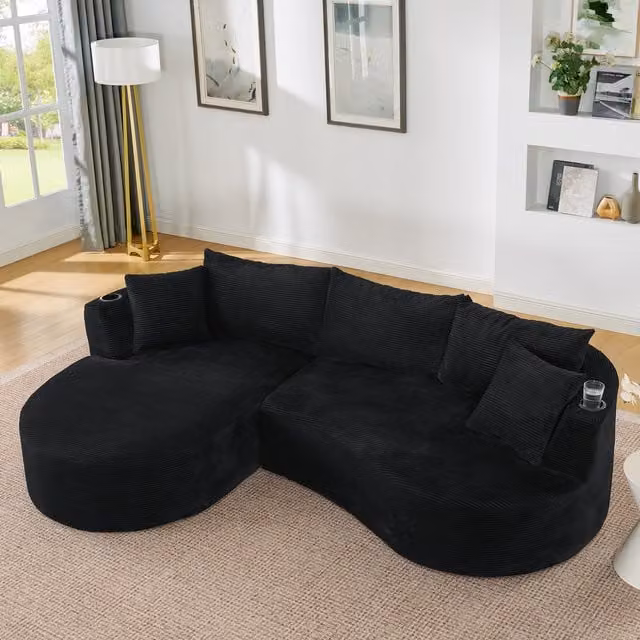 Conjunto de Sofás Kellany en Forma de L con Chaise Longue Izquierda y Sofá de 2 Plazas, Diseño Moderno de Pana Negra con Portavasos y Cojines Incluidos