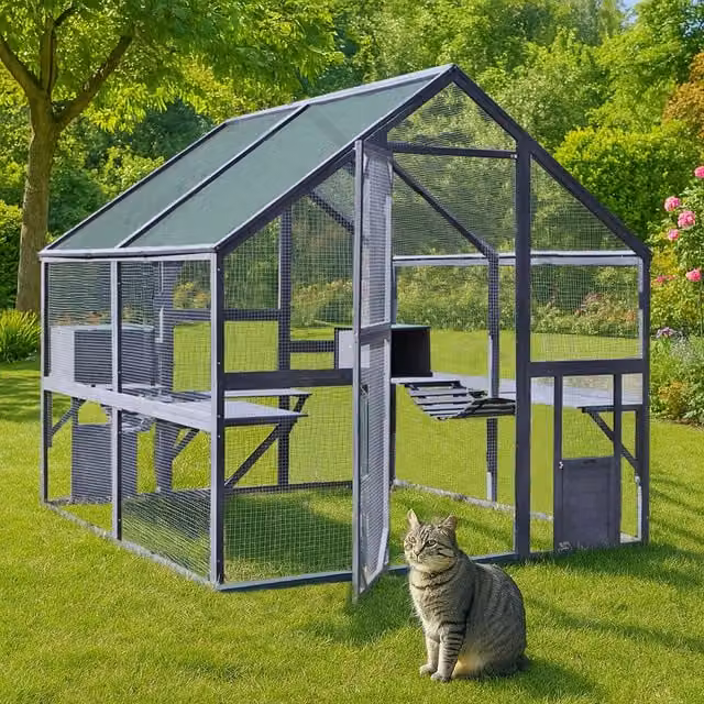 Recinto de exterior para gatos Wiltec de madera de abeto y malla de acero galvanizado, color gris, con techo de lona impermeable. An/P/Al: 140 x 187 x 187 cm