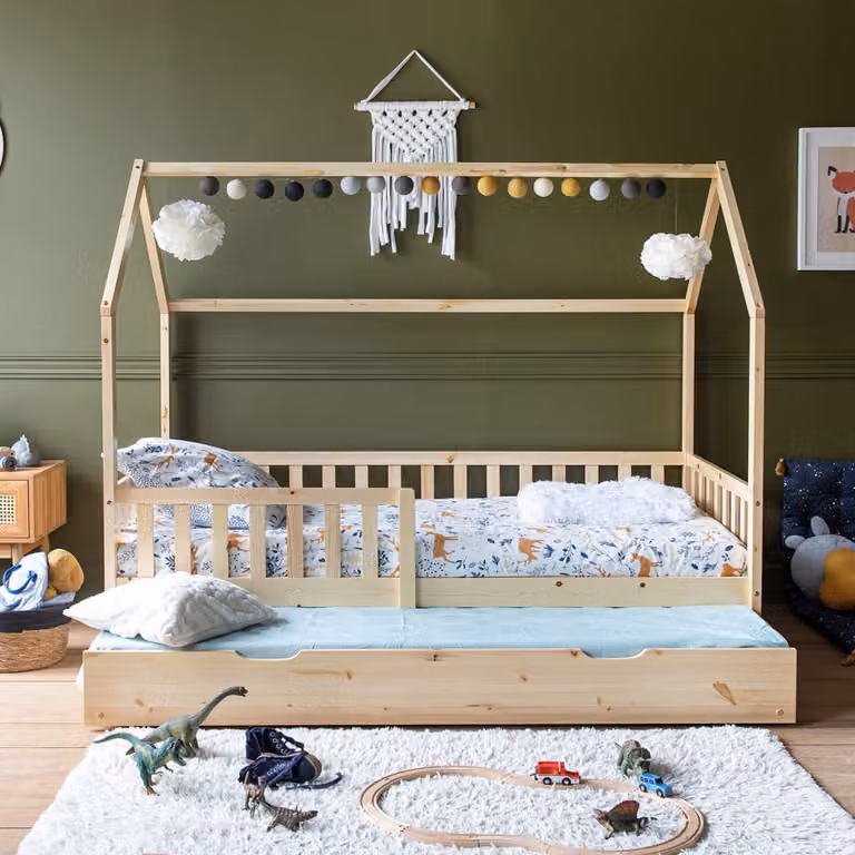 Cama cabaña nido infantil Marceau de madera de pino marrón con área de juego An/P/Al: 190 x 90 x 162 cm