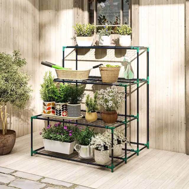 Soporte para plantas Outsunny de metal en color verde mate, An/P/Al: 94 x 84 x 110 cm