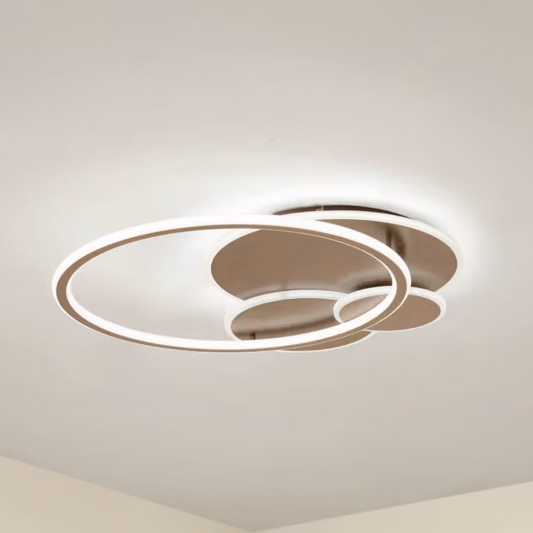 Lámpara de techo LED Circulo de Lucande en metal marrón y blanco, diseño moderno y regulable para salón o comedor