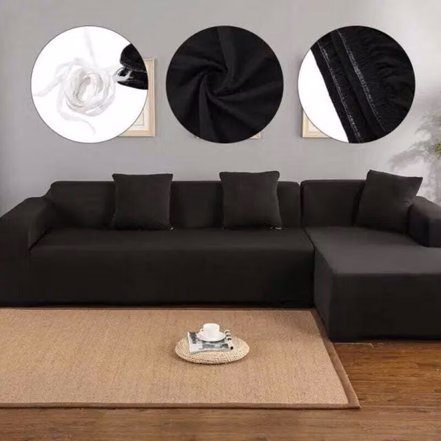 Juego de 2 fundas elásticas LIIYIELA para sofá esquinero en forma de L, aptas para sofás de 2 y 3 plazas con chaise longue, de poliéster antimanchas y color negro