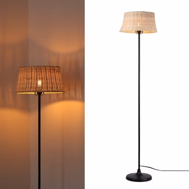 Lámpara de pie ALPINALUZ de bambú y mimbre natural en color beige con base E27, Altura: 147 cm