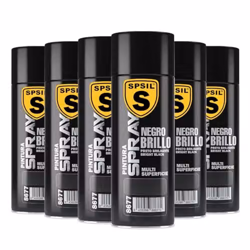 Pack de 6 unidades de Pintura Spray Profesional SPSIL Negro Brillante de Secado Rápido para Interior y Exterior, 200 ml cada una