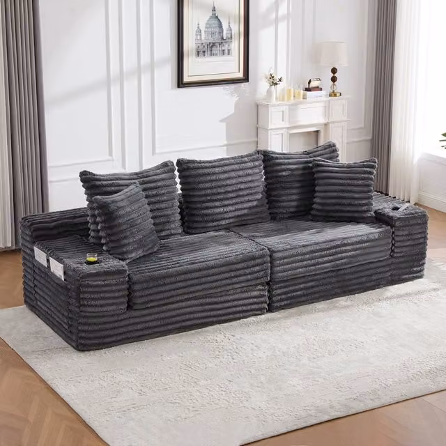 Sofá cama de terciopelo acanalado WISHDOR en gris con portavasos y cojines, An/P/Al: 273 x 98 x 87 cm