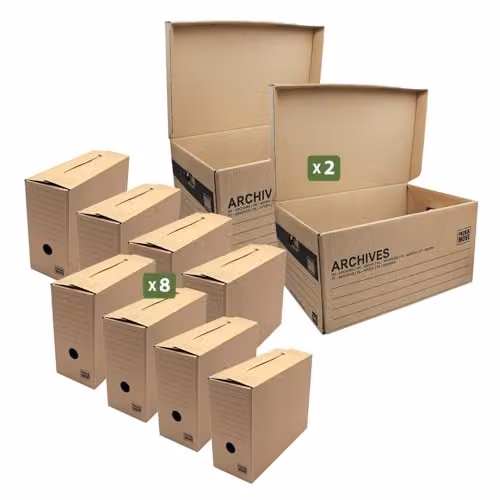 Pack and Move Kit de cajas de archivo de cartón reciclado color marrón para documentos A4, paquete de 10 unidades, An/P/Al: 54 x 36 x 28 cm
