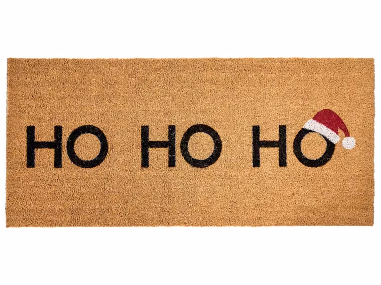 Felpudo rectangular Beliani con patrón navideño de fibra de coco marrón y antideslizante, An/P: 55 x 120 cm