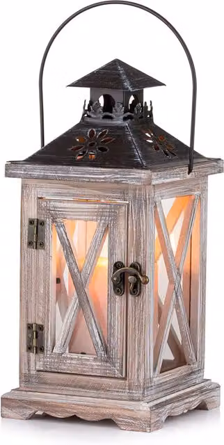 Farol rústico SELECT ZONE de metal y madera para interiores y exteriores, disponible en blanco, marrón y multicolor, Altura: 28 cm