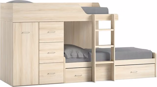 Cama tren derecha con armario y cajones Noel de El Corte Inglés para niños en color beige y marrón, An/P: 90 x 190 cm