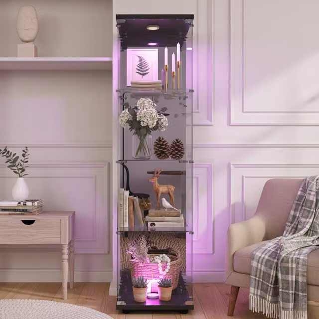 Vitrina Exenta NAHILIMI de Cristal Negro con Iluminación Integrada y Estantes Internos, An/P/Al: 36,5 x 36,5 x 164 cm