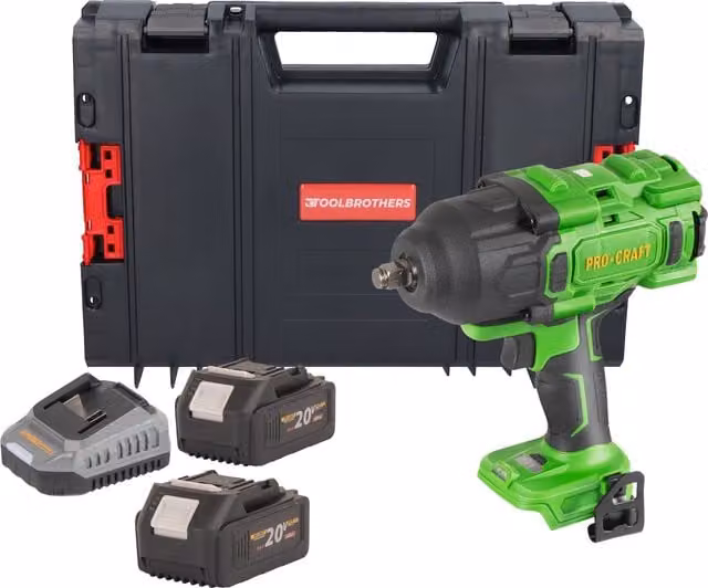 Atornillador de impacto a batería Procraft PWA80BB 20 V 1600 Nm 1/2 pulgada sin escobillas color verde con 2 baterías de 4,0 Ah, cargador y maletín de herramientas Rhino