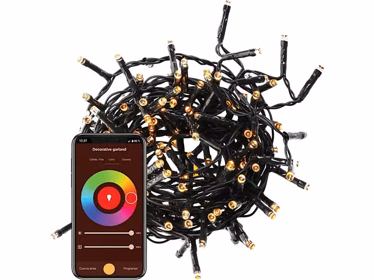 Guirnalda decorativa LED Smart Muvit WiFi RGBW con 60 luces, 6 m, Negro y Multicolor