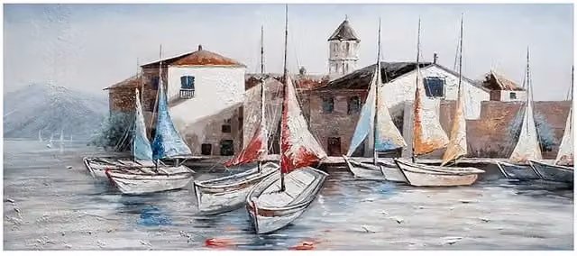 Cuadro de lienzo Bubola & Naibo con diseño de pueblo y veleros multicolor, An x Al: 150 x 65 cm