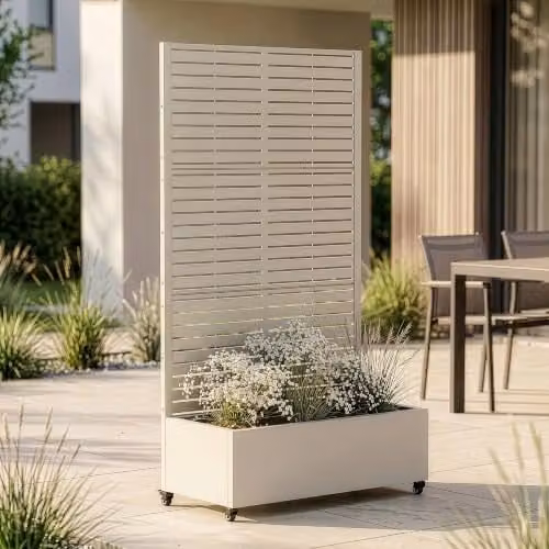 Biombo casa.pro Nordepp con jardinera y 4 ruedas en acero galvanizado, color beige ajo, Al x An x P: 190 x 82 x 38 cm