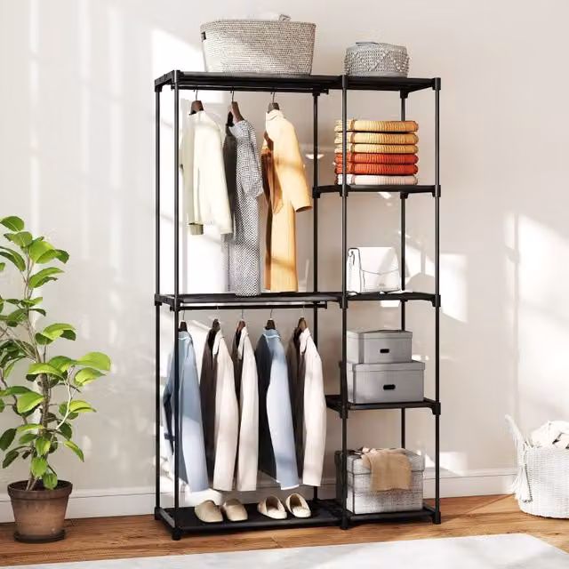 Armario de tela plegable RETROK con barra y estantes, color negro, An/P/Al: 111 x 43 x 185 cm