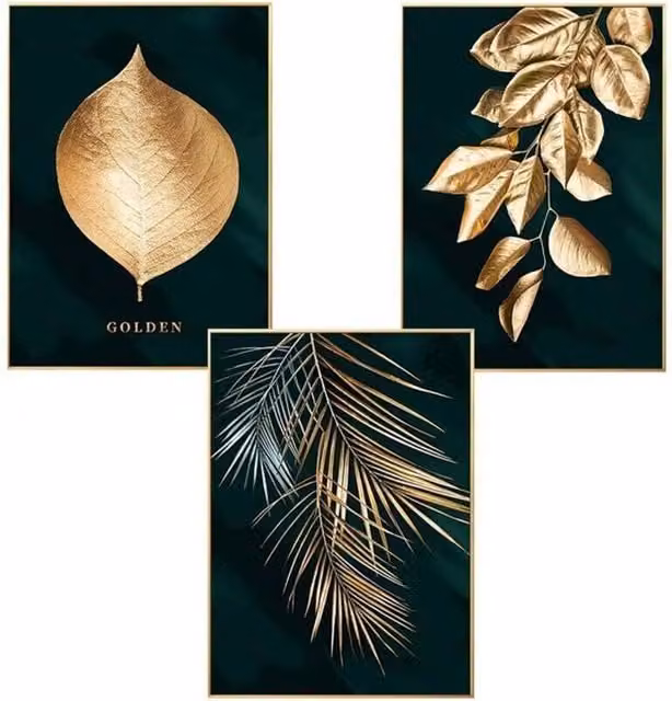 Conjunto de 3 pósteres de pared LIIYELA con diseño botánico de bosque, pan de oro y palmeras en colores dorado, blanco y negro