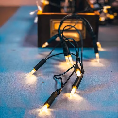 Cadena de luces LED Hellum para interior con 50 luces de color blanco cálido y cable verde