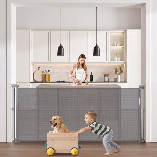 Puerta de seguridad extensible Vevor de malla textil gris para escaleras y pasillos, Ancho: 87 cm, Altura: 180 cm