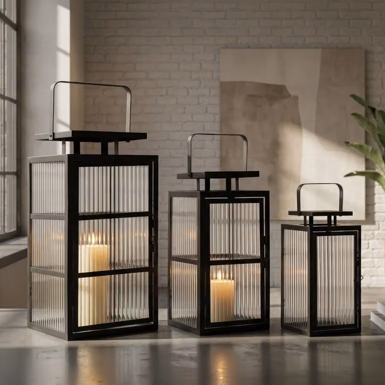 Juego de 3 faroles de mesa Mauro Ferretti en metal negro y cristal transparente de estilo moderno