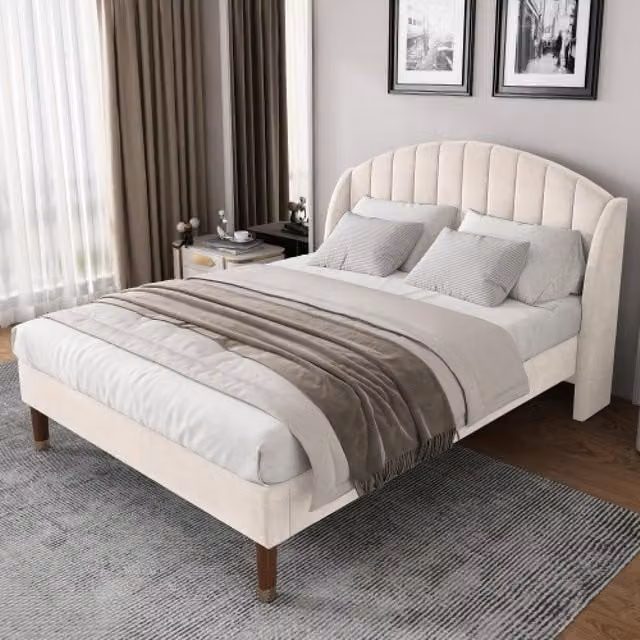 Cama tapizada de terciopelo UWOT en color beige con somier y cabecero, An/P/Al: 140 x 200 cm