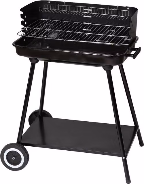 Barbacoa de carbón Monty en acero negro con parrilla de cromo y ruedas, An/P/Al: 64 x 38 x 82 cm