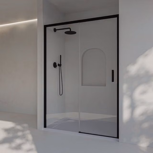 Mampara de ducha corredera y fija Soulhome de vidrio de seguridad de 6 mm con tratamiento antical, diseño rectangular reversible y acabado en negro, An/P/Al: 128,5 a 133 x 195 cm