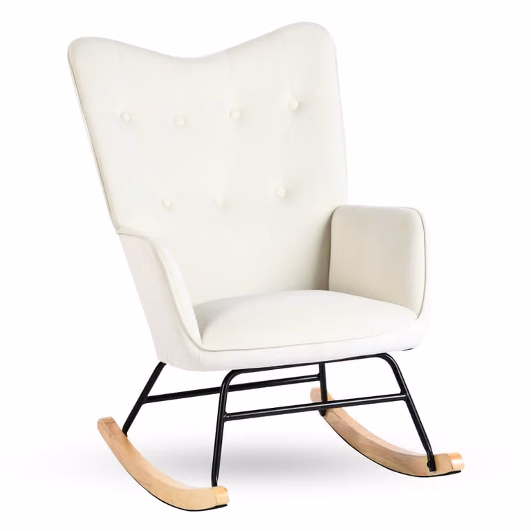 Mecedora moderna de terciopelo blanco roto Urban Meuble con reposabrazos y estructura mixta de madera y metal An/P/Al: 90 x 67 x 87 cm
